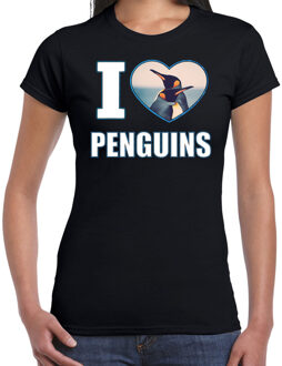 Bellatio Decorations I love penguins t-shirt met dieren foto van een pinguin zwart voor dames - cadeau shirt pinguins liefhebber 2XL