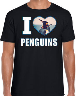 Bellatio Decorations I love penguins t-shirt met dieren foto van een pinguin zwart voor heren - cadeau shirt pinguins liefhebber 2XL