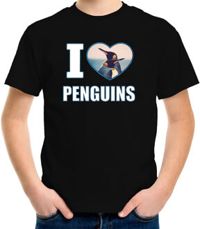 Bellatio Decorations I love penguins t-shirt met dieren foto van een pinguin zwart voor kinderen - cadeau shirt pinguins liefhebber L (146-152)