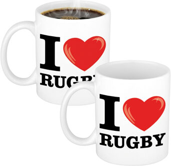 Bellatio Decorations I love rugby - 2x - koffiemok - sport beker - met rood hartje - 300 ml - keramiek - cadeau