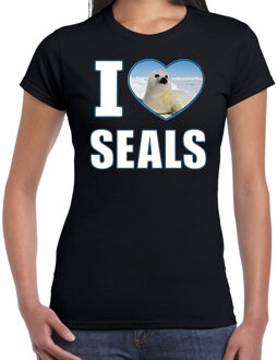 Bellatio Decorations I love seals t-shirt met dieren foto van een zeehond zwart voor dames - cadeau shirt zeehonden liefhebber 2XL