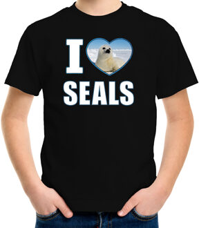 Bellatio Decorations I love seals t-shirt met dieren foto van een zeehond zwart voor kinderen - cadeau shirt zeehonden liefhebber L (146-152)