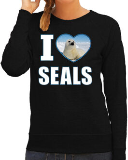 Bellatio Decorations I love seals trui met dieren foto van een zeehond zwart voor dames - cadeau sweater zeehonden liefhebber 2XL