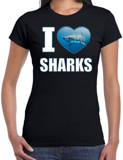 Bellatio Decorations I love sharks t-shirt met dieren foto van een haai zwart voor dames - cadeau shirt haaien liefhebber 2XL