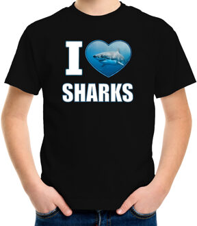 Bellatio Decorations I love sharks t-shirt met dieren foto van een haai zwart voor kinderen - cadeau shirt haaien liefhebber L (146-152)