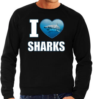 Bellatio Decorations I love sharks trui met dieren foto van een haai zwart voor dames - cadeau sweater haaien liefhebber 2XL