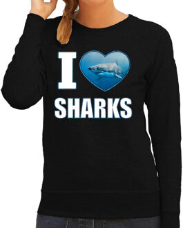 Bellatio Decorations I love sharks trui met dieren foto van een haai zwart voor dames - cadeau sweater haaien liefhebber 2XL