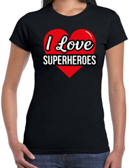 Bellatio Decorations I love superheroes / superhelden verkleed t-shirt zwart voor dames - Outfit verkleed feest XS