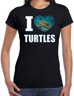 Bellatio Decorations I love turtles t-shirt met dieren foto van een schildpad zwart voor dames - cadeau shirt schildpadden liefhebber S