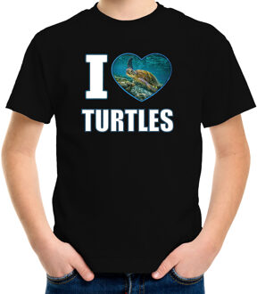 Bellatio Decorations I love turtles t-shirt met dieren foto van een schildpad zwart voor kinderen - cadeau shirt zeeschildpadden liefhebber L (146-152)