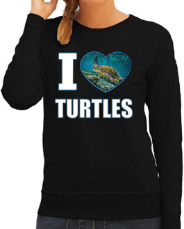 Bellatio Decorations I love turtles trui met dieren foto van een schildpad zwart voor dames - cadeau sweater schildpadden liefhebber 2XL