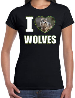 Bellatio Decorations I love wolves t-shirt met dieren foto van een wolf zwart voor dames - cadeau shirt wolven liefhebber 2XL