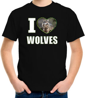 Bellatio Decorations I love wolves t-shirt met dieren foto van een wolf zwart voor kinderen - cadeau shirt wolven liefhebber L (146-152)