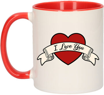 Bellatio Decorations I love you cadeau koffiemok / theebeker rood en wit met hartjes 300 ml - feest mokken