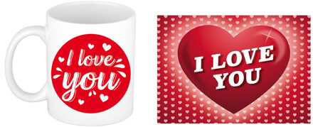 Bellatio Decorations I love you cadeau mok / beker wit cirkel met hartjes 300 ml inclusief Valentijnskaart