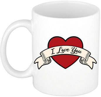 Bellatio Decorations I love you cadeau mok / beker wit met hartje en banner 300 ml - feest mokken