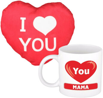 Bellatio Decorations I love you Mama mok/beker 300 ml incl. sierkussentje hart vorm 12 cm - feest mokken Multikleur