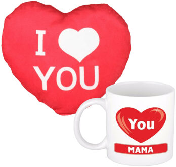 Bellatio Decorations I love you Mama mok/beker 300 ml incl. sierkussentje hart vorm 15 cm - feest mokken Multikleur