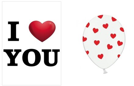 Bellatio Decorations I Love You mega deurposter met 6x witte ballonnen rode hartjes