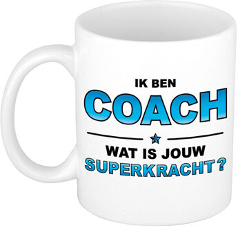 Bellatio Decorations Ik ben coach wat is jouw superkracht cadeau mok / beker wit en blauw - kado verjaardag - feest mokken