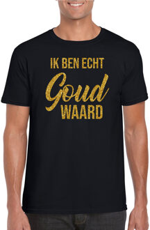 Bellatio Decorations Ik ben echt goud waard fun tekst t-shirt / kleding met gouden glitters op zwart voor heren - foute fun tekst shirt / festival outfit 2XL