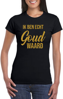 Bellatio Decorations Ik ben echt goud waard - funny tekst t-shirt - kleding - gouden glitters - zwart - voor dames