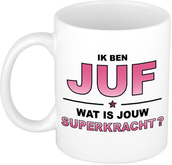 Bellatio Decorations Ik ben juf wat is jouw superkracht cadeau mok / beker wit en roze - cadeau / verjaardag / beroepen - feest mokken