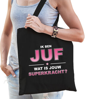 Bellatio Decorations Ik ben juf wat is jouw superkracht tasje zwart voor dames - cadeau tas juf