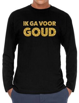 Bellatio Decorations Ik ga voor goud tekst t- shirt - zwart - heren - lange mouwen - gouden glitter print - glamour