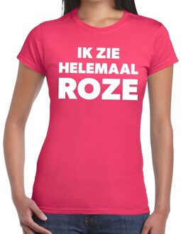 Bellatio Decorations Ik zie helemaal roze tekst t-shirt dames L