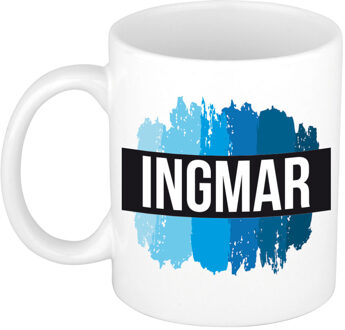 Bellatio Decorations Ingmar naam cadeau koffie mok - beker - met blauw verfstrepen - Cadeau collega - vaderdag