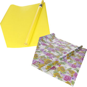 Bellatio Decorations Inpak/cadeau papier - set van 2x stuks rollen - euro geld biljetten - geel - Rich and Famous thema