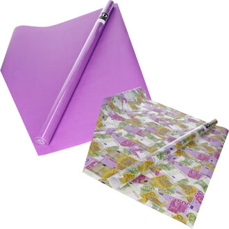 Bellatio Decorations Inpak/cadeau papier - set van 2x stuks rollen - euro geld biljetten - paars - Rich and Famous thema
