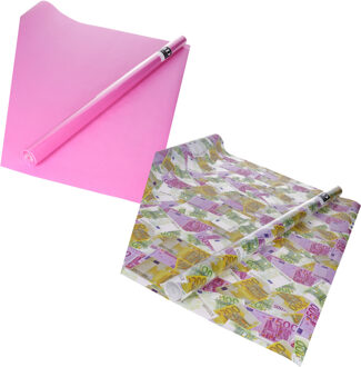 Bellatio Decorations Inpak/cadeau papier - set van 2x stuks rollen - euro geld biljetten - roze - Rich and Famous thema
