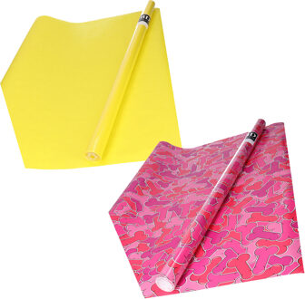 Bellatio Decorations Inpak/cadeau papier - set van 2x stuks rollen - foute penis print - geel