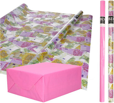 Bellatio Decorations Inpak/cadeau papier - set van 4x stuks rollen - euro geld biljetten - roze - Rich and Famous thema