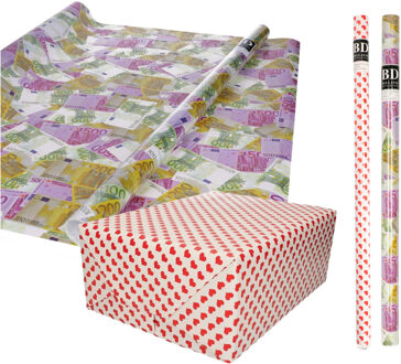 Bellatio Decorations Inpak/cadeau papier - set van 6x stuks rollen - euro geld biljetten - en - Hartjes design