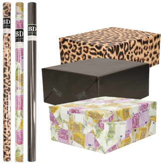 Bellatio Decorations Inpakpapier Cadeaupapier - Kleurenmix - 6x stuks rollen - geld - panter - nacht zwart
