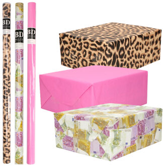 Bellatio Decorations Inpakpapier Cadeaupapier - Kleurenmix - 6x stuks rollen - geld - panter - neon roze