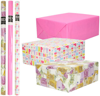 Bellatio Decorations Inpakpapier Cadeaupapier - Kleurenmix - 6x stuks rollen - happy birthday - geld - neon roze