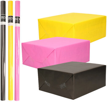 Bellatio Decorations Inpakpapier Cadeaupapier - Kleurenmix - 6x stuks rollen - neon geel - neon roze - nacht zwart
