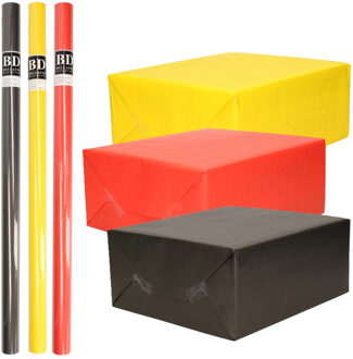 Bellatio Decorations Inpakpapier Cadeaupapier - Kleurenmix - 6x stuks rollen - neon geel - rood - nacht zwart