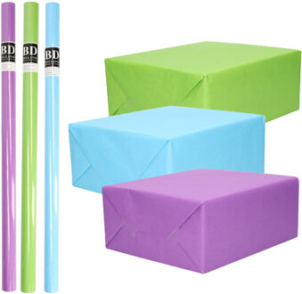 Bellatio Decorations Inpakpapier Cadeaupapier - Kleurenmix - 6x stuks rollen - paars - groen - blauw