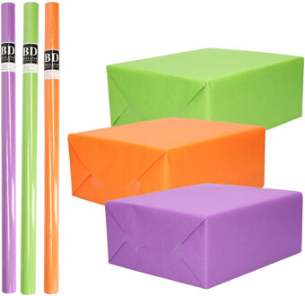 Bellatio Decorations Inpakpapier Cadeaupapier - Kleurenmix - 6x stuks rollen - paars - groen - oranje