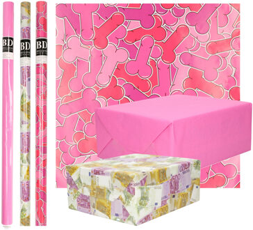 Bellatio Decorations Inpakpapier Cadeaupapier - One Happy Family - 6x stuks rollen - geld - knalroze - penissen