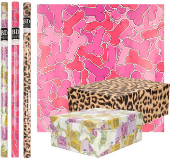 Bellatio Decorations Inpakpapier Cadeaupapier - One Happy Family - 6x stuks rollen - geld - panter - penissen