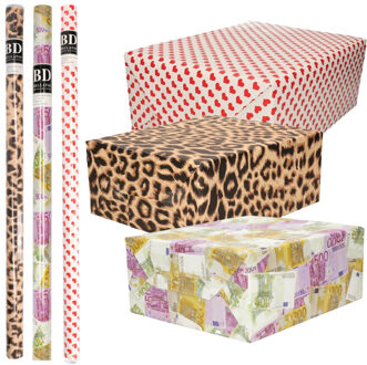 Bellatio Decorations Inpakpapier Cadeaupapier - One Happy Family - 6x stuks rollen - geld - rode hartjes - panter print