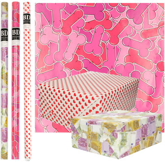 Bellatio Decorations Inpakpapier Cadeaupapier - One Happy Family - 6x stuks rollen - geld - rode hartjes - penissen