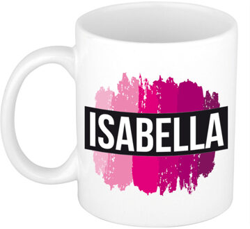 Bellatio Decorations Isabella naam cadeau koffie mok - beker - met roze verfstrepen - Cadeau collega - moederdag