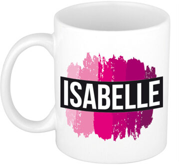 Bellatio Decorations Isabelle naam cadeau koffie mok - beker - met roze verfstrepen - Cadeau collega - moederdag